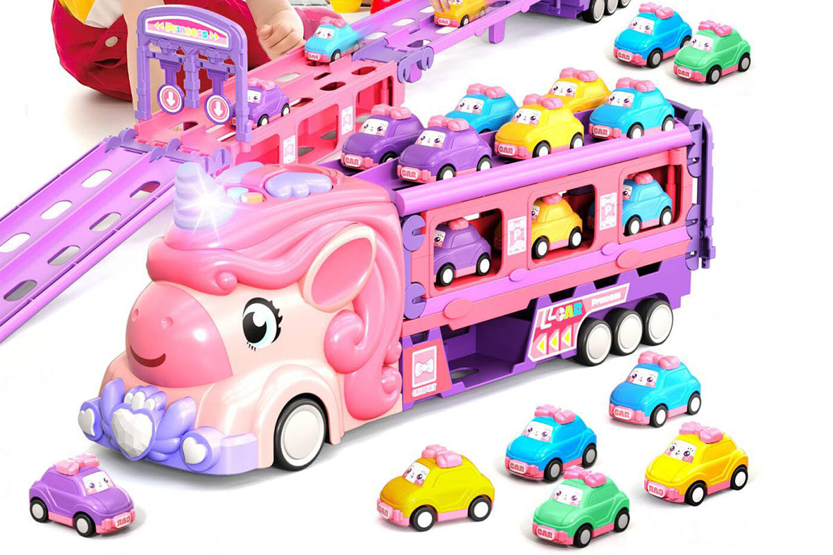 Car Toys Unicorn Toys Truck with Foldable Race Track and 6 Princess Cars for Girls