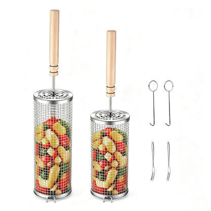 2 Pack Stainless Steel Rolling Grill Baskets with Handles