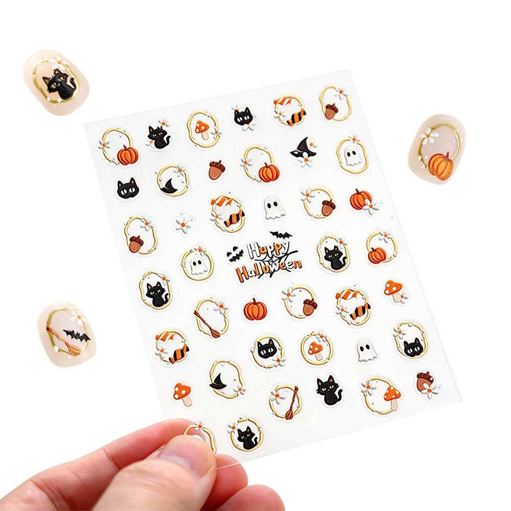 2 Piece Halloween Nail Art Stickers Black Cat Ghost Pumpkin Self-Adhesive